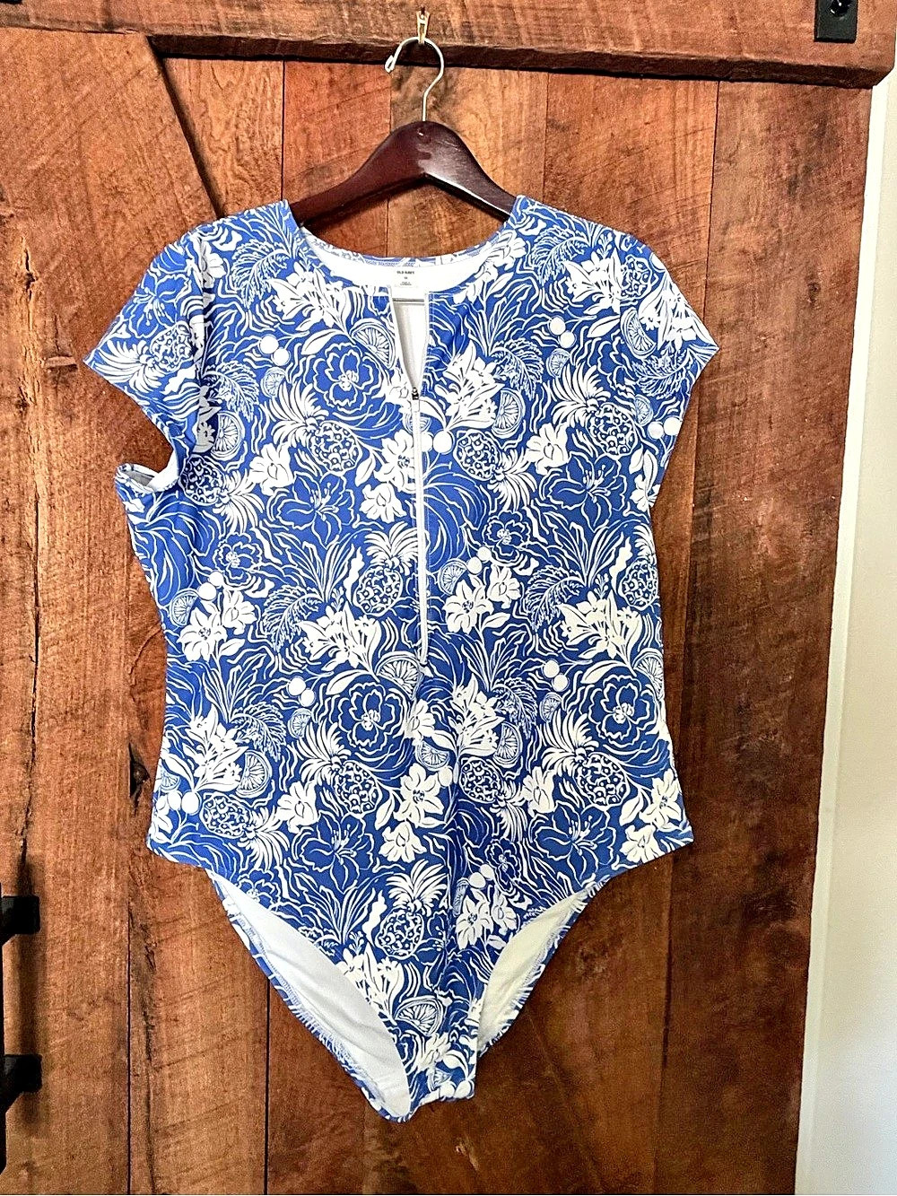 Old Navy Matte One-Piece Zip Swimsuit Floral Blue & White 3X